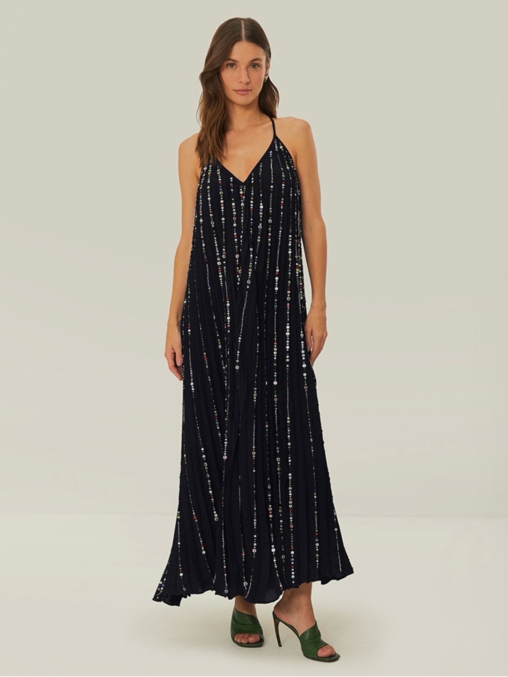 FARM Rio Embroidered Stones Pleated Maxi Dress, Size L, NWT 🇧🇷